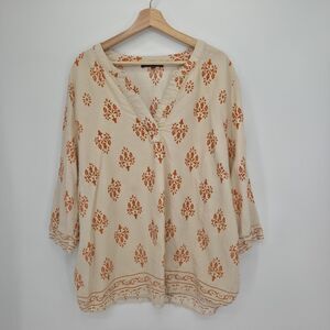 Tahari Womens Top Split Neck Linen Blend Floral Orange Beige Size 3X Plus